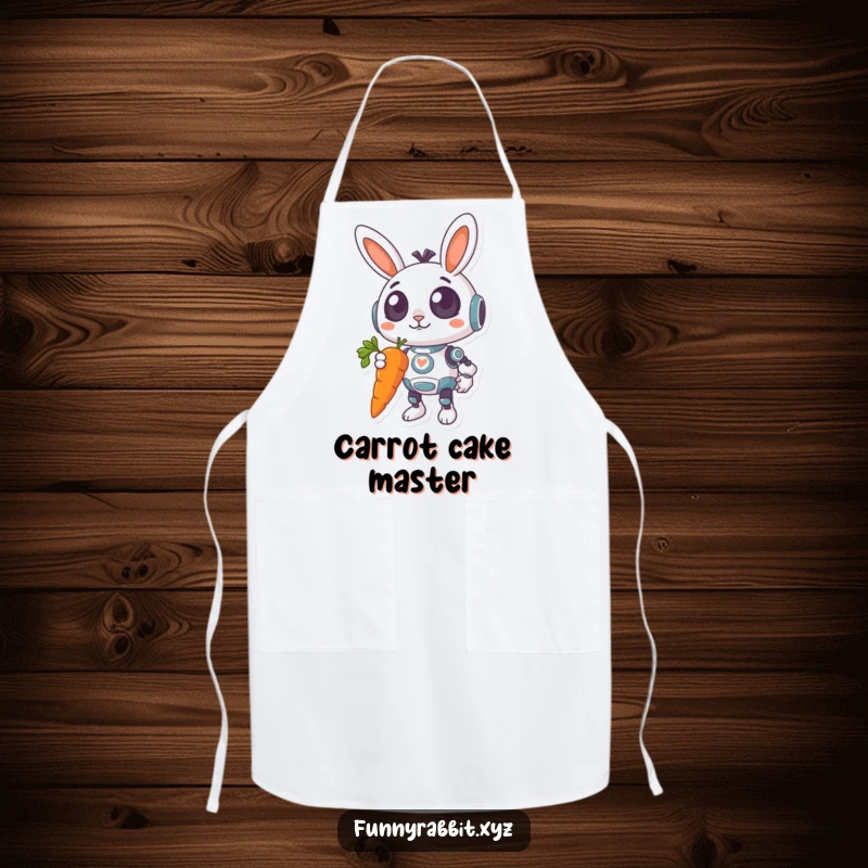 Funny Surprised Rabbit Bot Apron: A surprised rabbit bot with wide eyes holds a giant, dangling carrot, ready for kitchen fun.