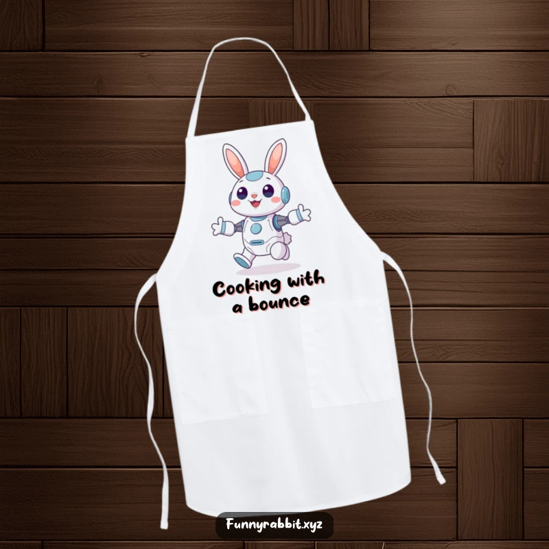 Funny Cheerful Rabbit Bot Apron: A happy rabbit bot hops with immense joy, ears perked high, ready for cheerful kitchen activities.
