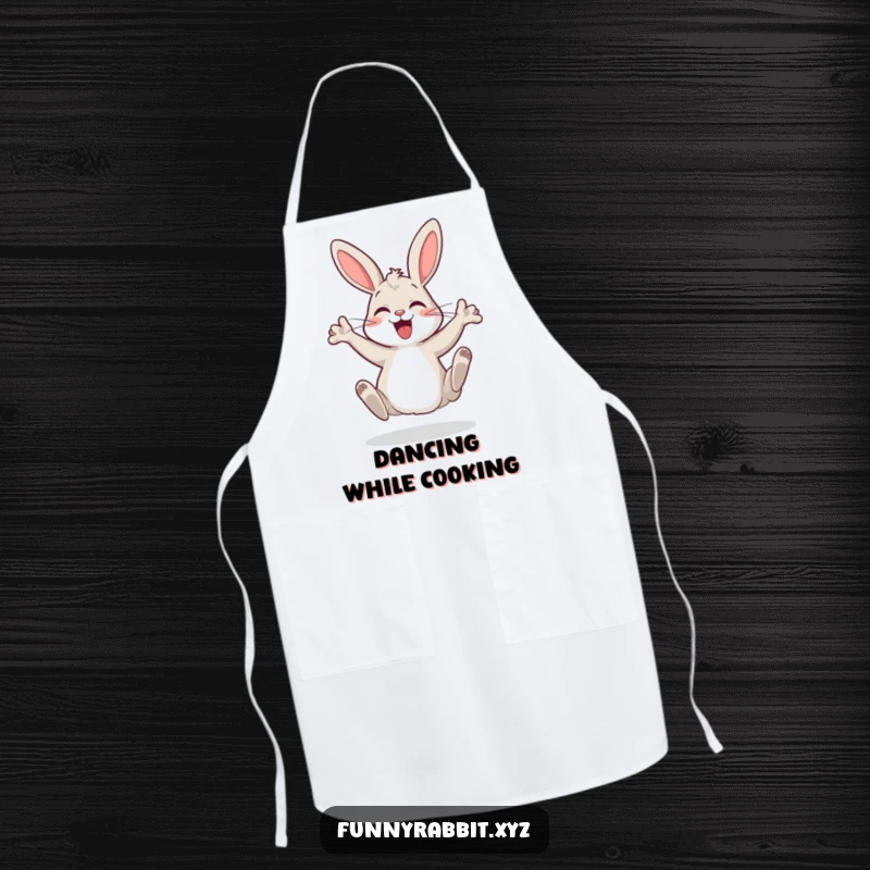 Funny cartoon rabbit apron, a happy bunny doing a silly dance with hind legs, adding humor and joy to kitchen activities.