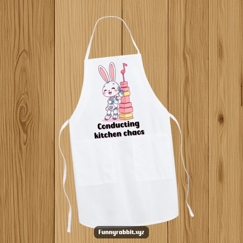 Funny apron: a giggling rabbit bot attempting to balance a precarious tower of oversized musical notes while cooking.