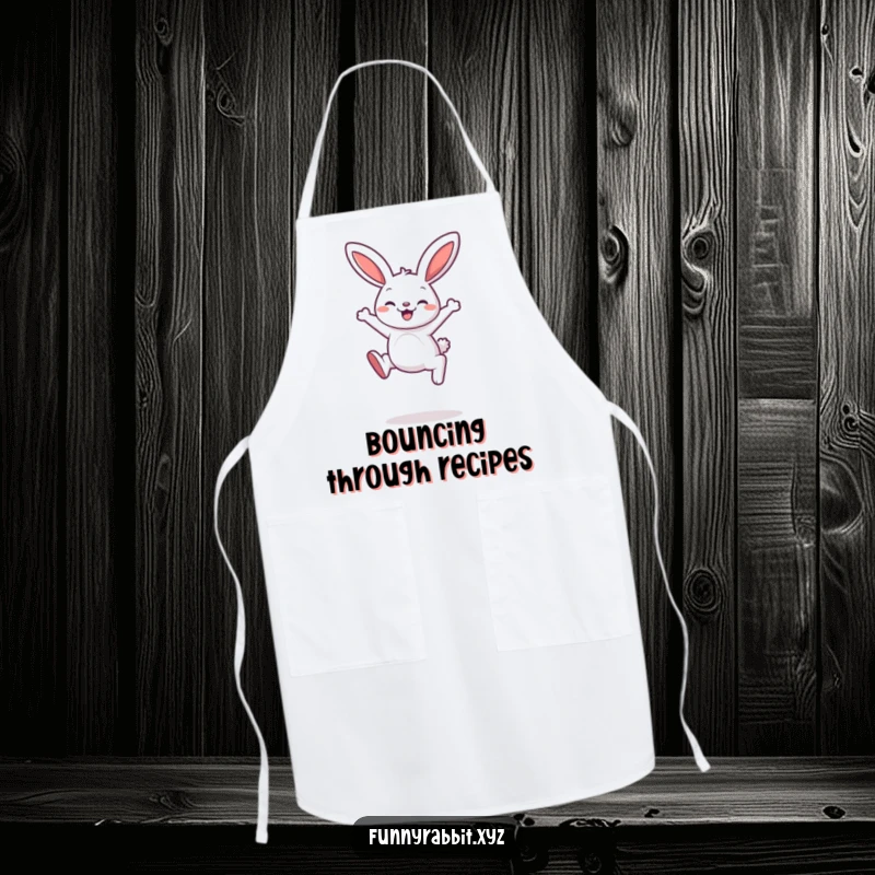 Funny rabbit apron featuring a cartoon rabbit mid-leap with a delighted expression, perfect for adding fun to cooking.