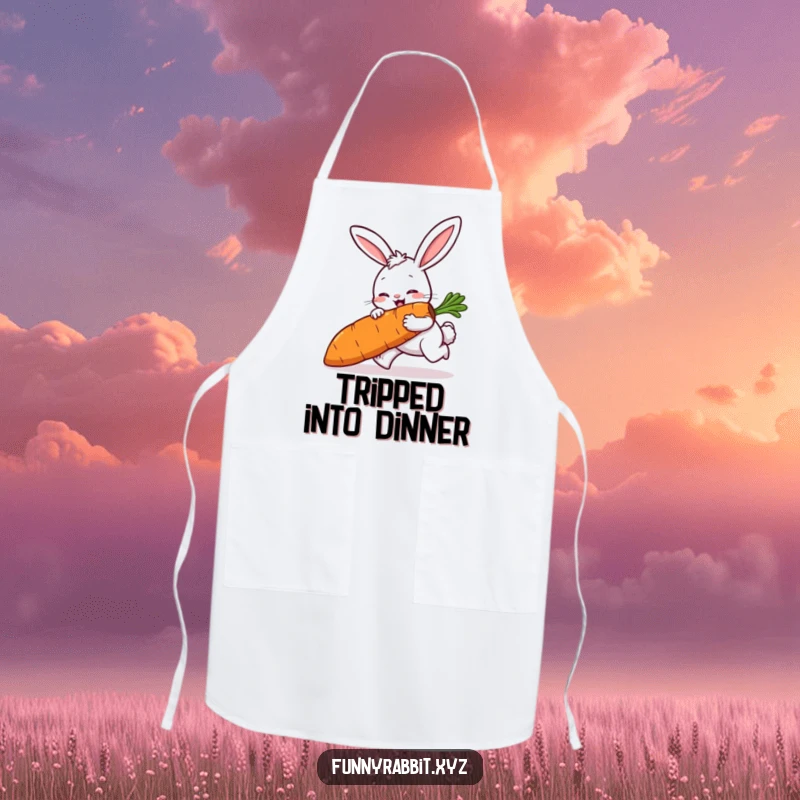 Funny rabbit apron featuring a cartoon rabbit comically tripping while holding a large carrot, perfect for adding humor to cooking.
