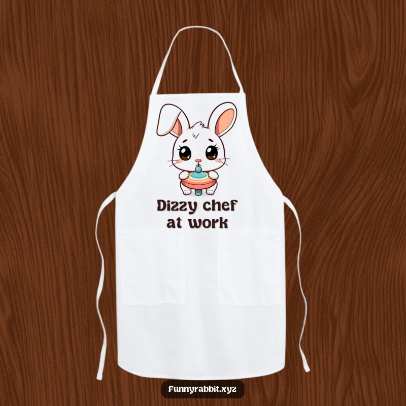 Funny surprised rabbit apron, a cartoon rabbit with wide eyes watching a spinning top, adding humor to cooking and baking.