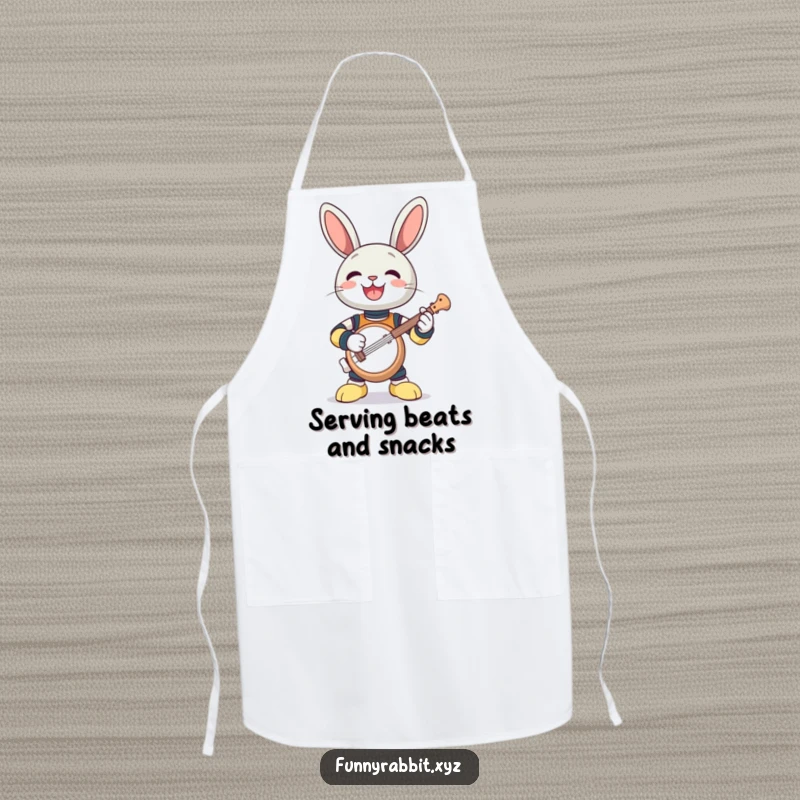 Funny apron: a gleeful rabbit bot enthusiastically playing a comically small banjo while wearing an apron.