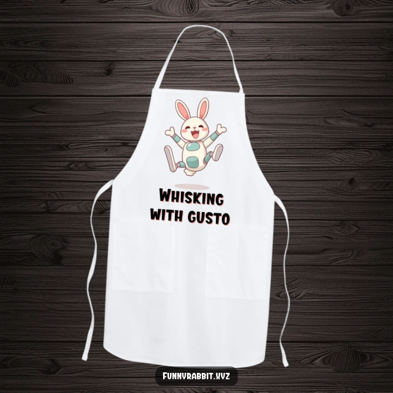 Funny Delighted Rabbit Bot Apron: A rabbit bot performs a silly somersault with legs in the air, ready for kitchen fun.