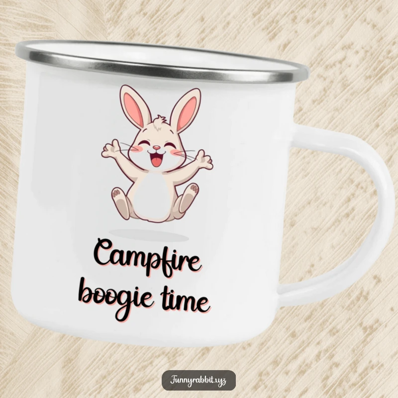 Funny cartoon rabbit camping mug, a happy bunny doing a silly dance, bringing cheerful vibes to outdoor adventures.