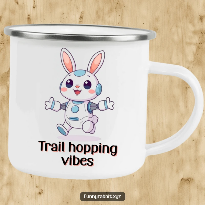 Funny Cheerful Rabbit Bot Camping Mug: A joyful rabbit bot hops with immense joy, ears perked high, ready for outdoor fun.