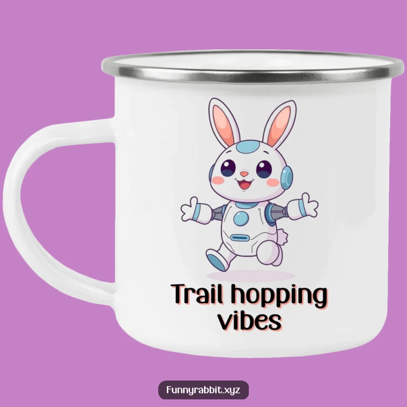 Funny Cheerful Rabbit Bot Camping Mug: Joyful Hopping Bot Cup