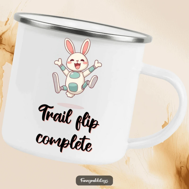 Funny Delighted Rabbit Bot Camping Mug: A rabbit bot performs a silly somersault with legs high in the air, ready for outdoor fun.