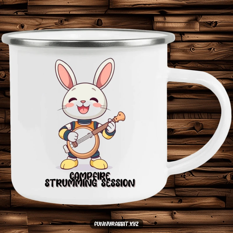Funny camping mug: a gleeful rabbit bot playing a comically tiny banjo with great enthusiasm outdoors.