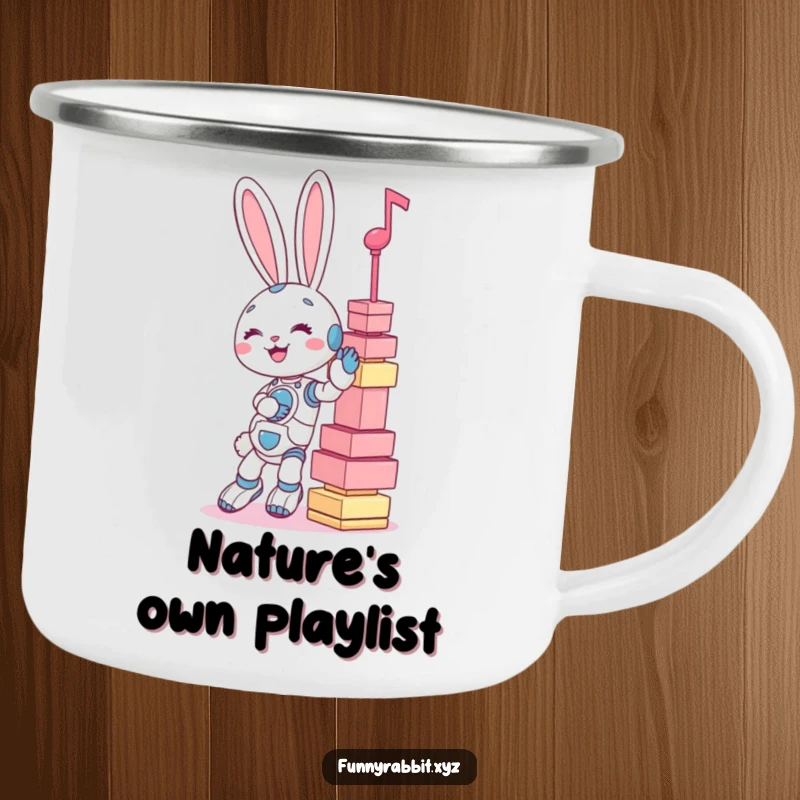 Funny camping mug: a giggling rabbit bot precariously balancing a towering stack of huge musical notes.