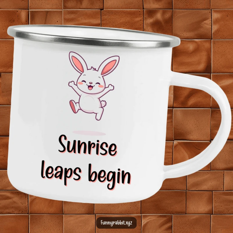 Funny rabbit camping mug showing a cartoon rabbit mid-leap with a delighted expression, built for durability and outdoor fun.
