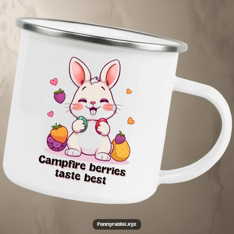 Funny rabbit camping mug showing a cartoon rabbit playfully juggling three colorful berries, built for durability and fun.