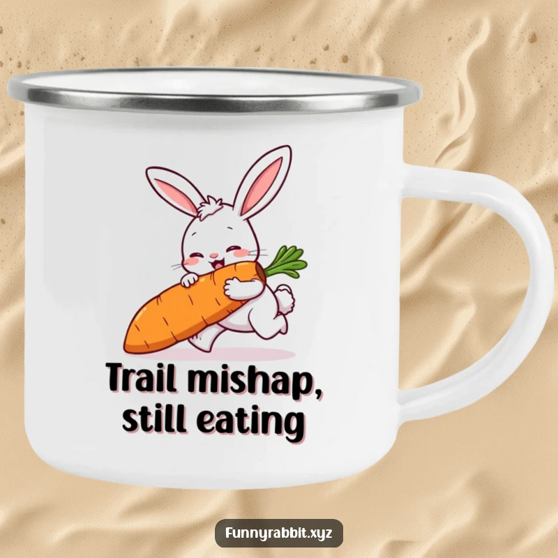 Funny rabbit camping mug showing a cartoon rabbit comically tripping while carrying a large carrot, built for durability and fun.