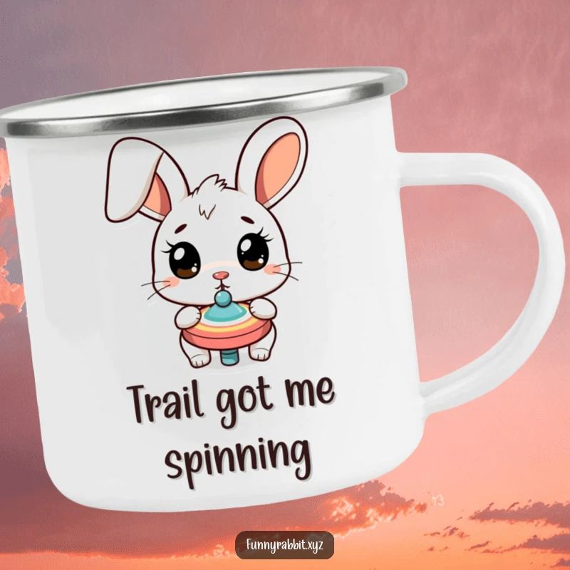 Funny surprised rabbit camping mug, a cartoon bunny with wide eyes watching a spinning top, a humorous companion for outdoor adventures.
