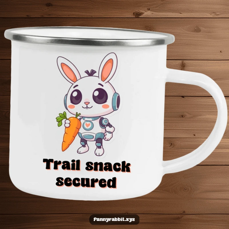 Funny Surprised Rabbit Bot Camping Mug: A surprised rabbit bot with wide eyes holds a giant, dangling carrot, ready for outdoor fun.