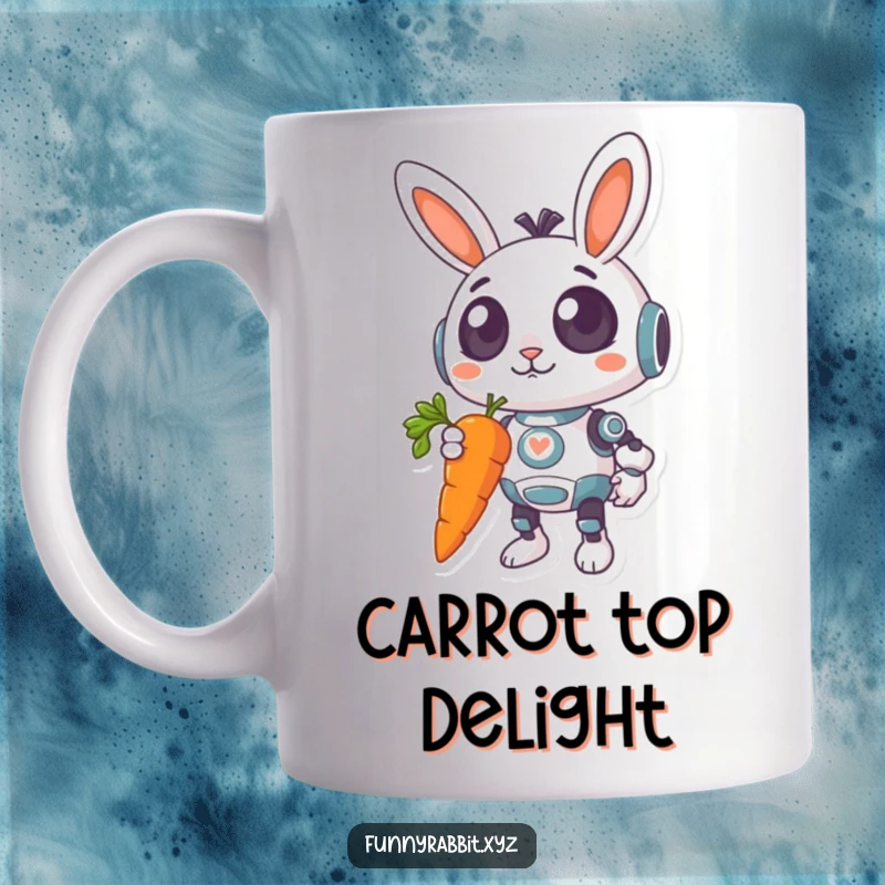 Funny Surprised Rabbit Bot Mug: A rabbit bot with wide eyes and a crooked smile holds a giant, dangling carrot, looking taken aback.