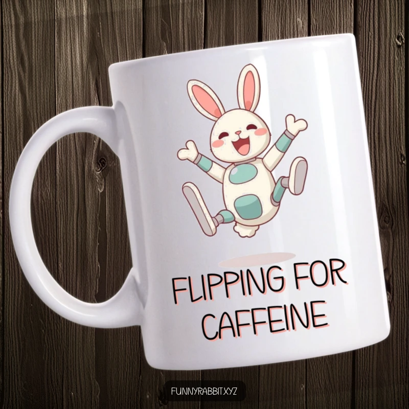 Funny Delighted Rabbit Bot Mug: A happy rabbit bot performs a silly, exaggerated somersault with legs high in the air.