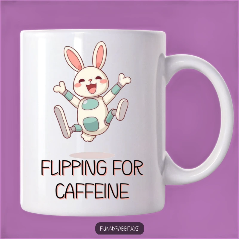 Funny Delighted Rabbit Bot Mug: Silly Somersault Bot Gift
