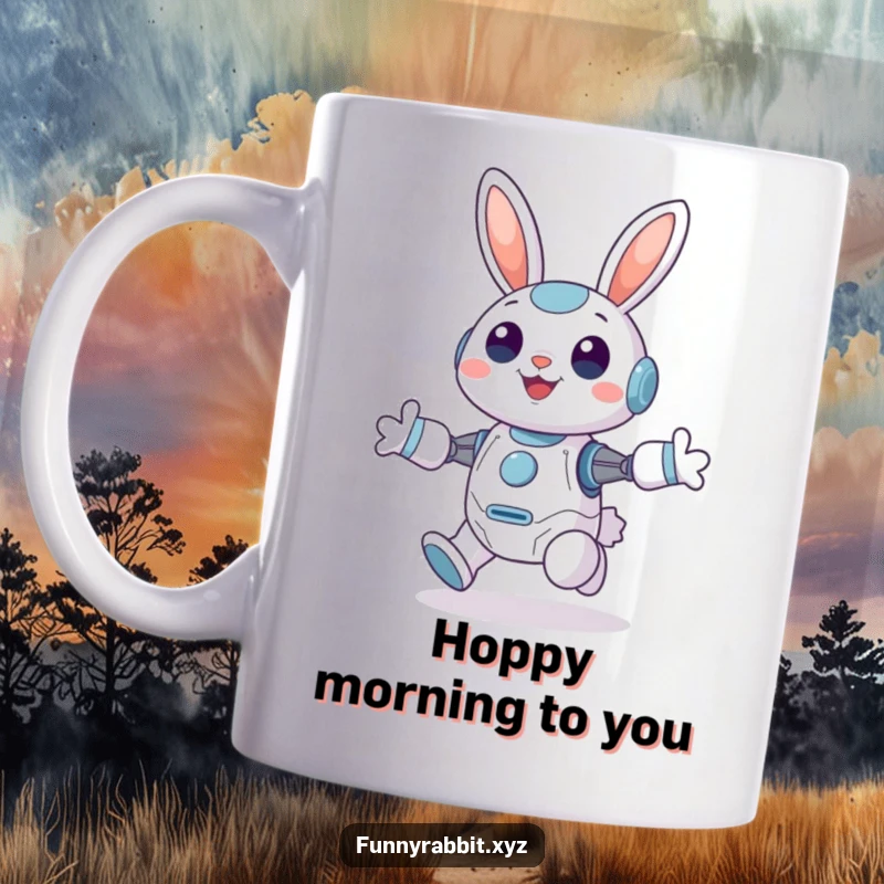 Funny Cheerful Rabbit Bot Mug: A happy rabbit bot hops joyfully with perked-up ears, radiating pure delight.