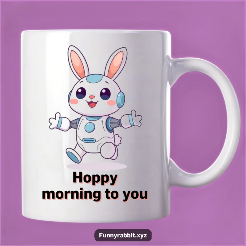 Funny Cheerful Rabbit Bot Mug: Joyful Hopping Bot Gift