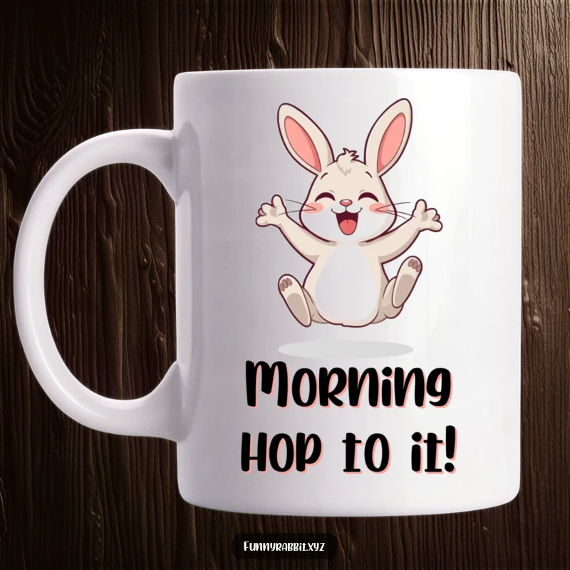 Funny cartoon rabbit mug showing a happy bunny doing a silly dance with its hind legs up, spreading infectious joy.