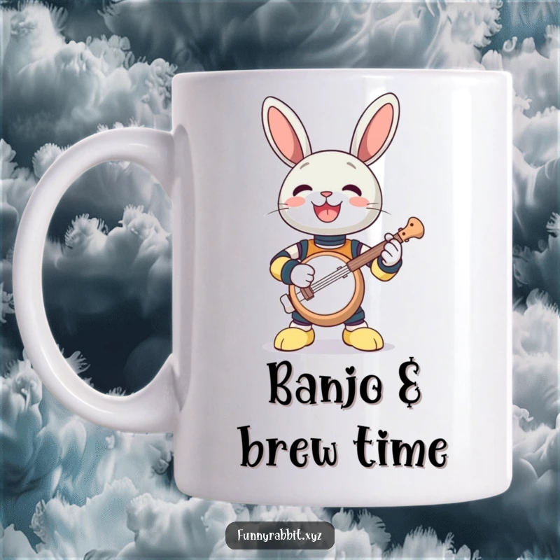 Funny mug: a gleeful rabbit bot playing a comically tiny banjo with great enthusiasm and joy.