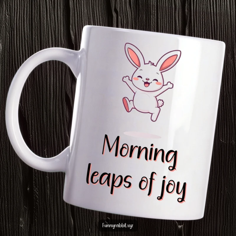 Funny rabbit mug featuring a bouncing cartoon rabbit with a delighted expression, captured mid-leap with joyful energy.