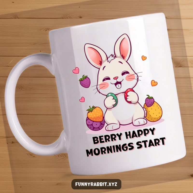 Funny rabbit mug featuring a giggling cartoon rabbit playfully juggling three colorful berries with a joyful expression.