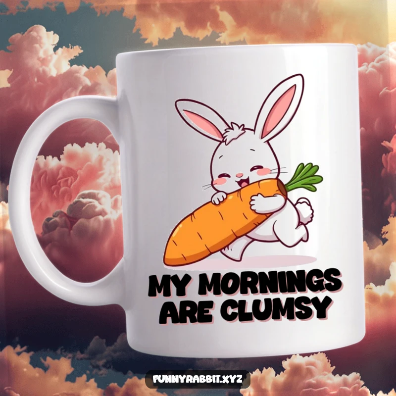 Funny rabbit mug featuring a cartoon rabbit comically tripping while precariously carrying a large carrot, a moment of hilarious chaos.
