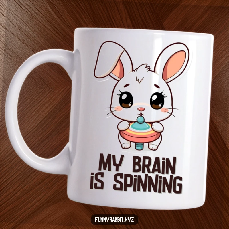 Funny surprised rabbit mug with wide eyes watching a spinning top, capturing a moment of cartoon panic and amusement, perfect gift.