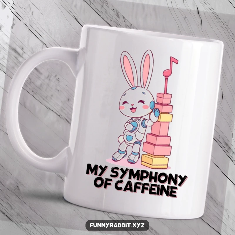 Funny mug design: a giggling rabbit bot precariously balancing a tall, wobbly tower of giant musical notes.