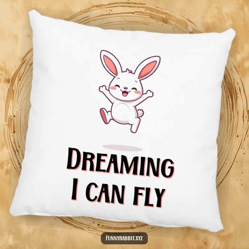 Funny rabbit pillow featuring a cartoon rabbit mid-leap with a delighted expression, perfect for soft comfort and whimsical decor.