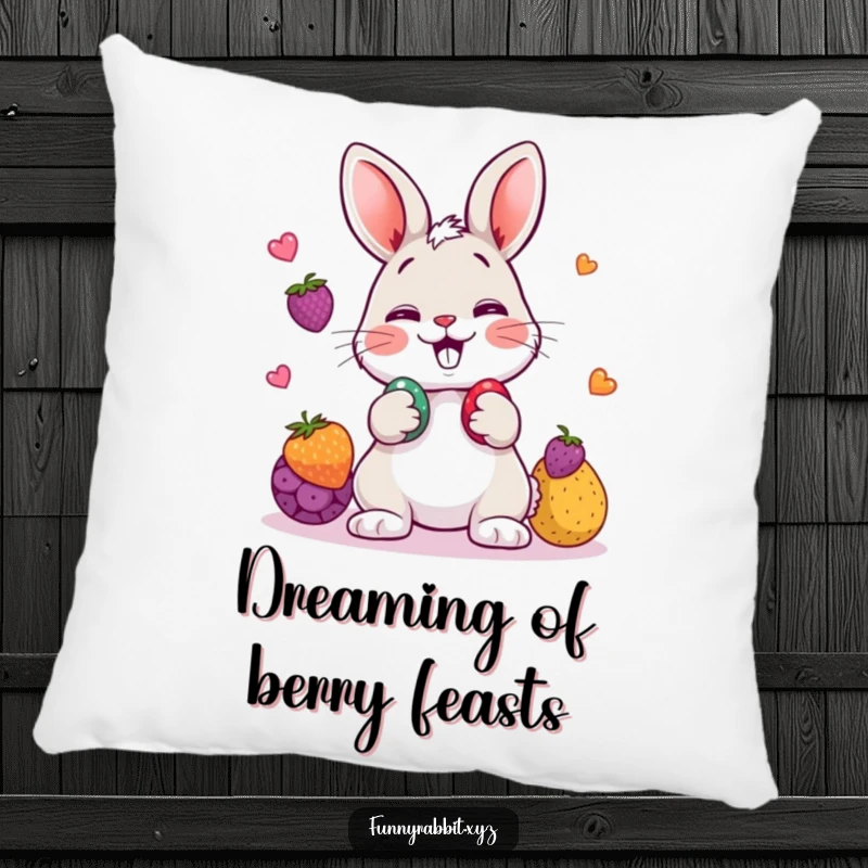 Funny rabbit pillow featuring a cartoon rabbit playfully juggling three colorful berries, providing soft comfort and humor.