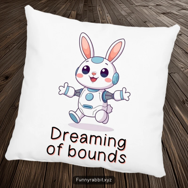 Funny Cheerful Rabbit Bot Pillow: A joyful rabbit bot hops with immense joy and perked-up ears, offering a soft and happy touch.