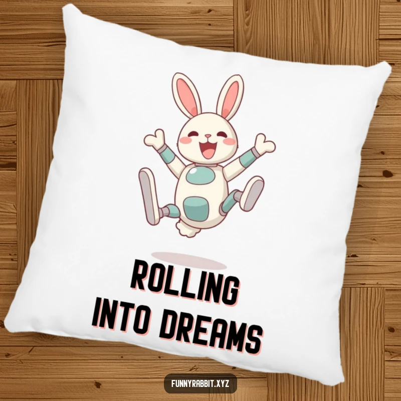 Funny Delighted Rabbit Bot Pillow: A rabbit bot performs a silly somersault with legs in the air, offering a soft and humorous accent.