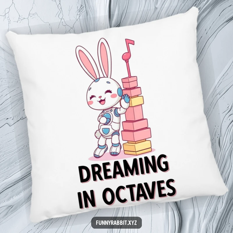 Funny pillow: a giggling rabbit bot struggling to keep a tall stack of giant musical notes from toppling.