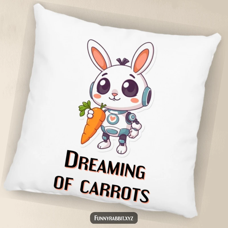 Funny Surprised Rabbit Bot Pillow: A surprised rabbit bot with wide eyes holds a giant, dangling carrot, perfect for a humorous and comfy accent.