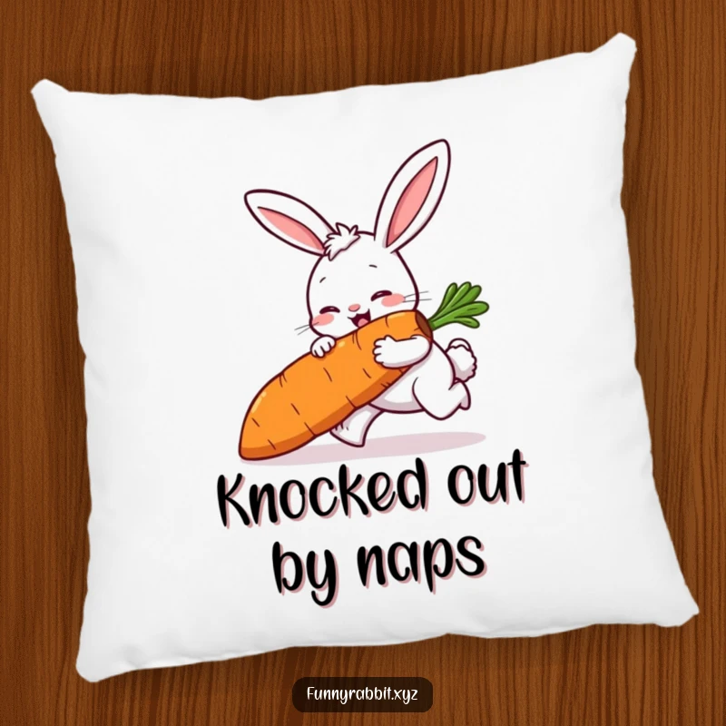 Funny rabbit pillow featuring a cartoon rabbit comically tripping while carrying a large carrot, providing soft comfort and humor.