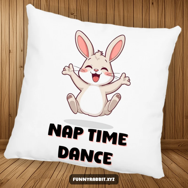 Funny cartoon rabbit pillow featuring a happy bunny doing a silly dance, adding a touch of playful comfort and cheer.