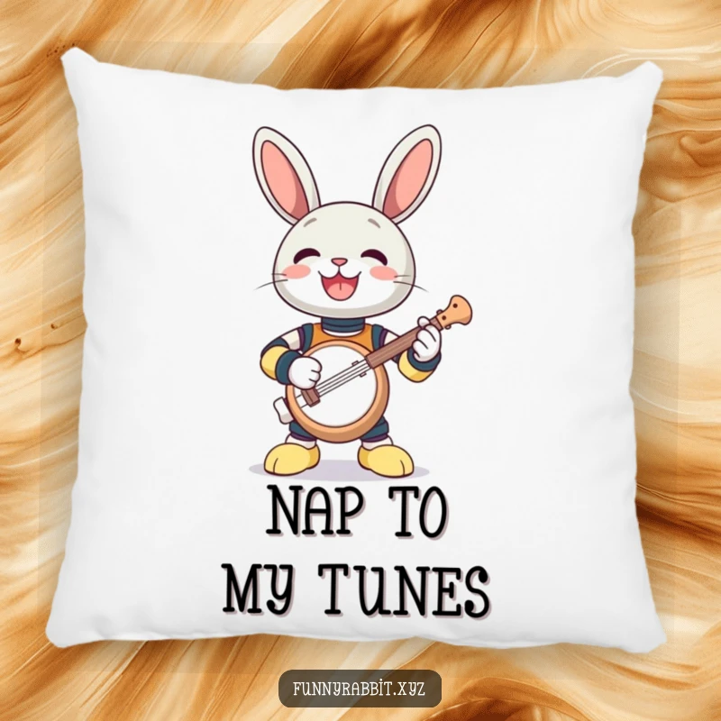 Funny pillow: a gleeful rabbit bot playing an adorably small banjo with great enthusiasm.