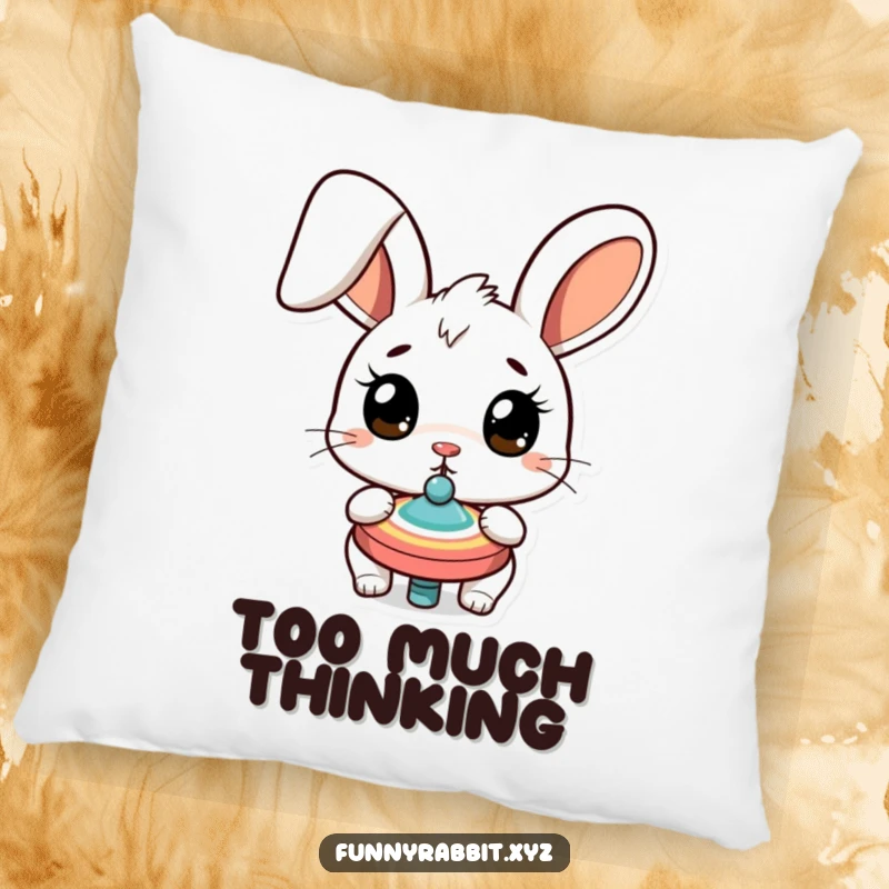 Funny surprised rabbit pillow, a cartoon bunny with wide eyes staring at a spinning top, perfect for a humorous and comfortable accent.