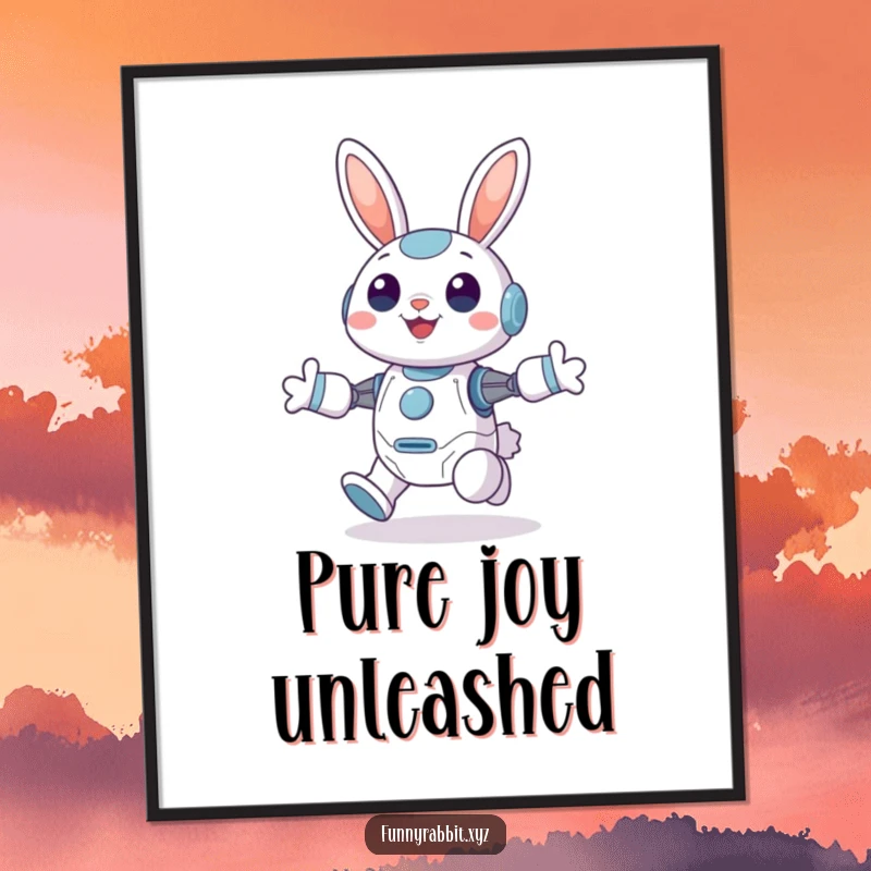 Funny Cheerful Rabbit Bot Digital Art: A happy rabbit bot hops with immense joy and high-perked ears, radiating cheer digitally.