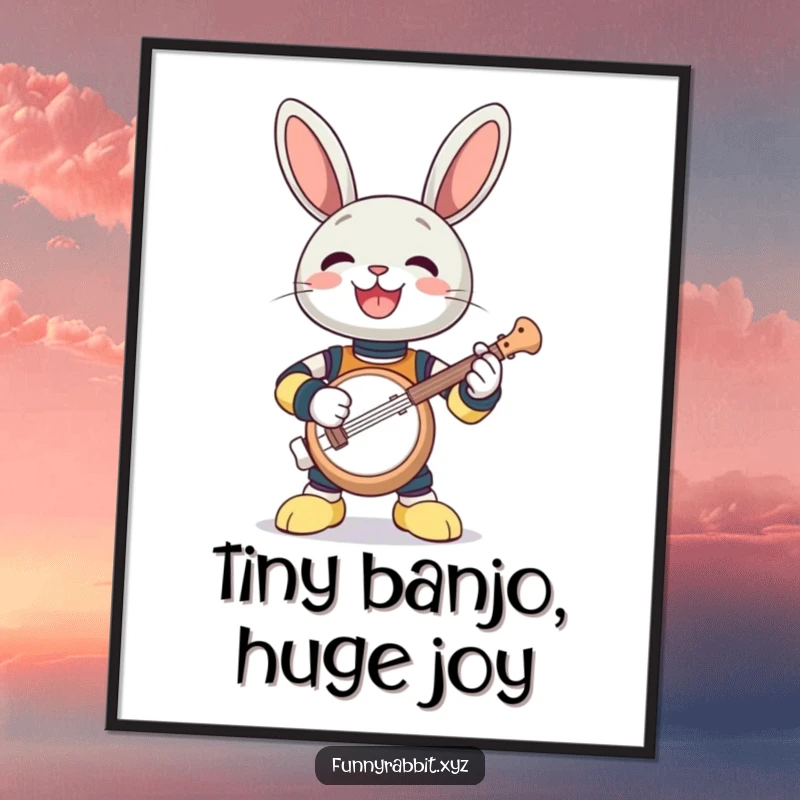 Funny digital art print: a gleeful rabbit bot enthusiastically playing a comically tiny banjo.