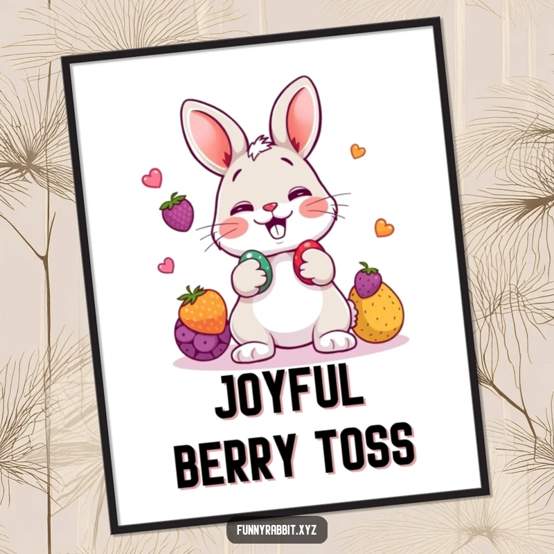 Funny rabbit digital art print of a cartoon rabbit playfully juggling three colorful berries, offering instant charm.