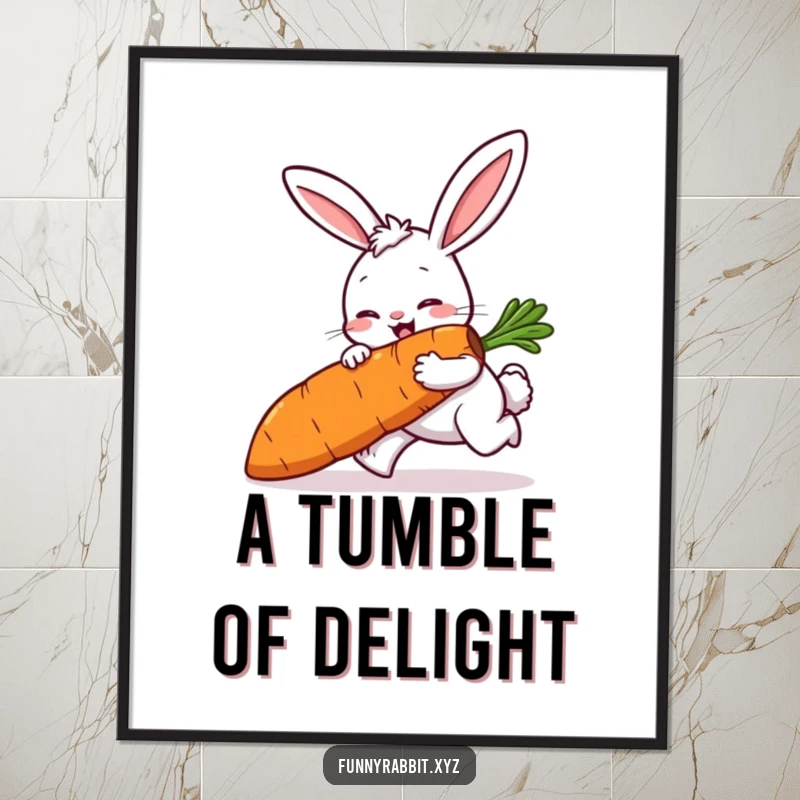 Funny rabbit digital art print of a cartoon rabbit comically tripping while carrying a large carrot, offering instant humor.
