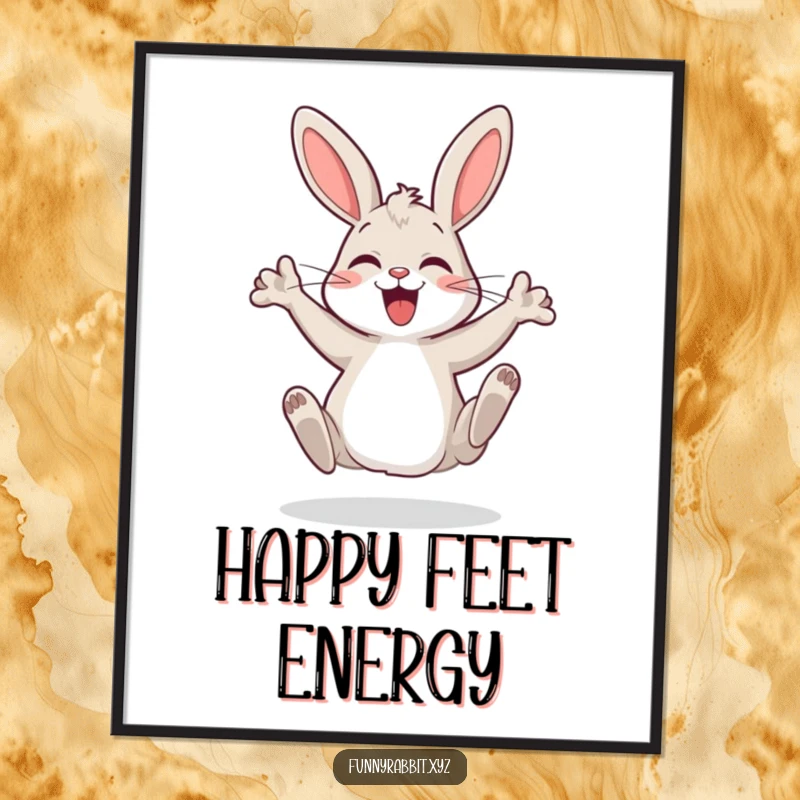Funny cartoon rabbit digital art print, a happy bunny performing a joyful and silly dance, bringing instant animated cheer.
