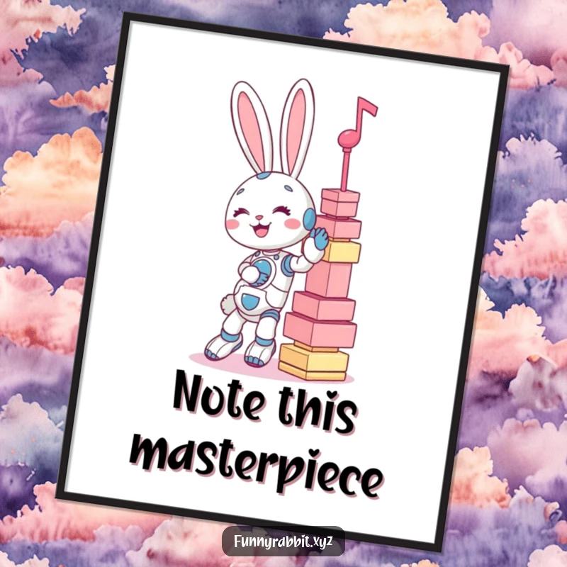 Funny digital art print: a giggling rabbit bot attempting to balance an enormous, wobbly tower of sheet music notes.