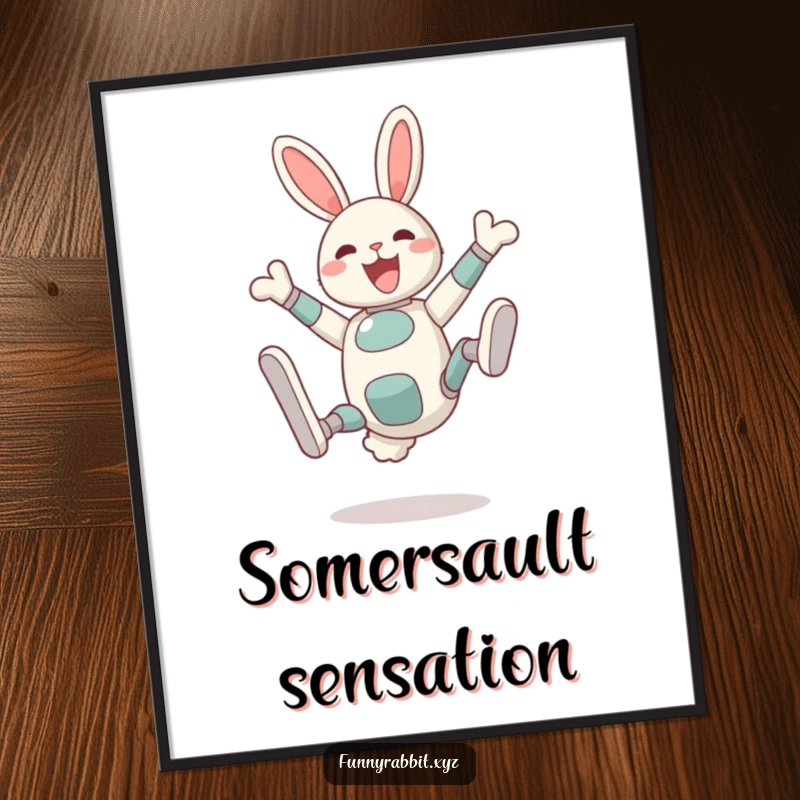 Funny Delighted Rabbit Bot Digital Art: A rabbit bot performs a silly somersault with legs in the air, creating a humorous and dynamic digital piece.