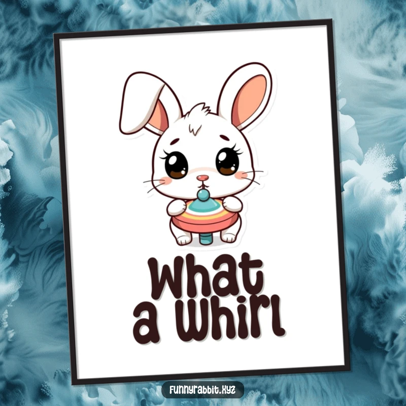 Funny surprised rabbit digital art print, a wide-eyed cartoon bunny captivated by a spinning top, delivering instant whimsical humor.